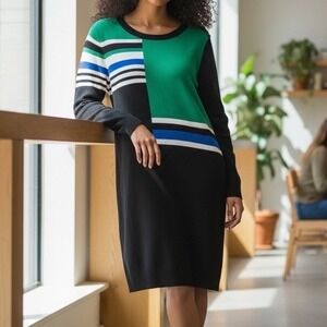 Tommy Hilfiger Women Colorblock Long Sleeve Sweater Dress Green Black Sz 0X